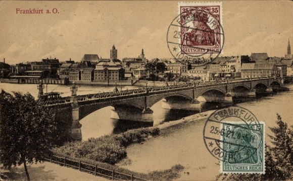Frankfurt an der Oder, Frankfurt a. O., bridge, river, postmark, stamps