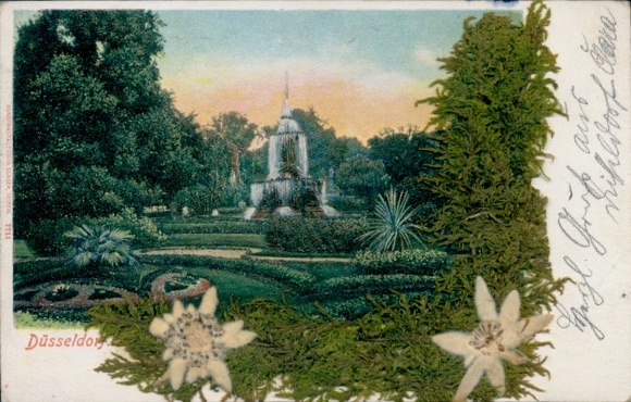Material: Postcard Düsseldorf am Rhein, park, edelweiss, dried moss