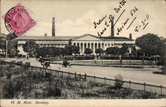 Postcard Mumbai Bombay India, HM Mint, , horse-drawn carriages, trees, fence