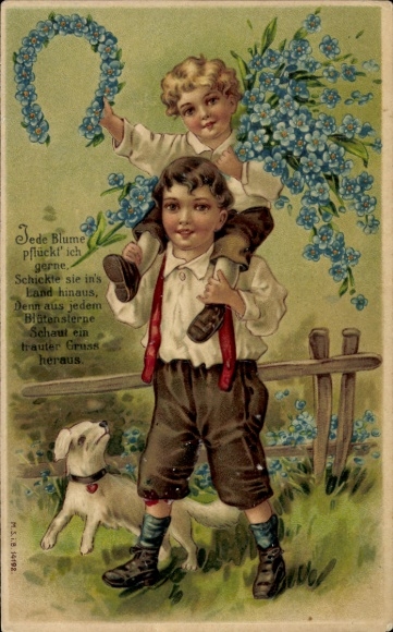 Embosser Postcard children, forget-me-not, dog