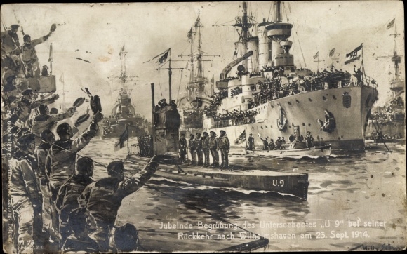 Artist PC Stöwer, Willy, German submarine, submarine, SM U 9, welcome in Wilhelmshaven 1914