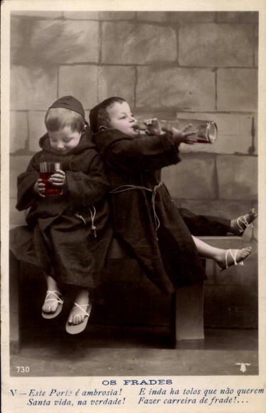 Postcard Portugal, children dressed as monks, monks drinking wine
