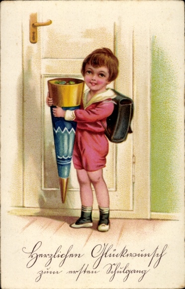 Postcard Congratulations on the start of school, child with candy cone