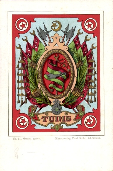 Coat of arms lithograph of Tunis, Tunisia, flags, crescent moon, star, Paul Kohl Art Publishers, Chemnitz, No. 61