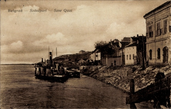 Postcard Belgrade Beograd Serbia, Szavapart, Danube steamer at the landing stage