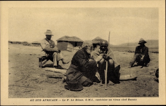 Postcard Basutoland Lesotho, Father Le Bihan Catechizing an Old Basuto Chief