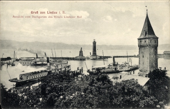Lindau on Lake Constance, Swabia, harbor view, ships, lighthouse, Hotel Lindauer Hof