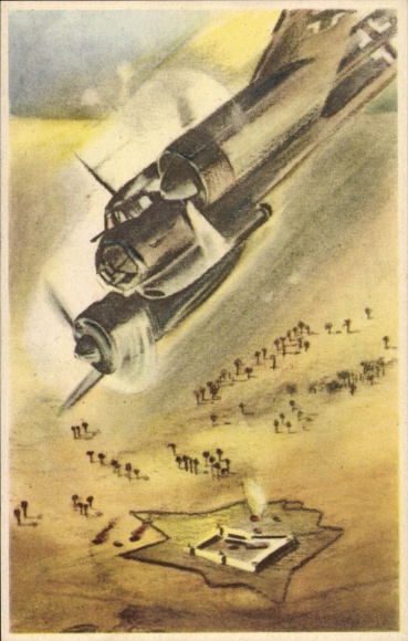 Artist Postcard German Air Force, dive bomber Junkers Ju 88 A-4, attack on fort in Libya