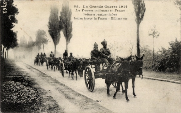 CPA Guerre 1914, Les Troupes indiennes en France, Voitures régimentaires