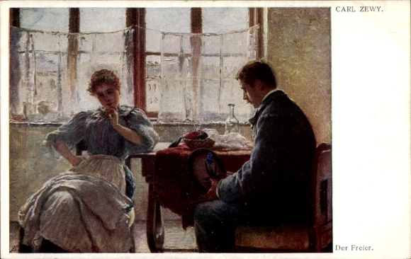 Artist Postcard Zewy, Carl, The Suitor, Man and Woman Sitting at the Window
