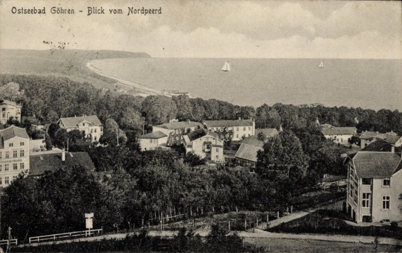Göhren Baltic Sea resort on Rügen, Baltic Sea resort view from the north pier, sea, sailboats, trees, houses