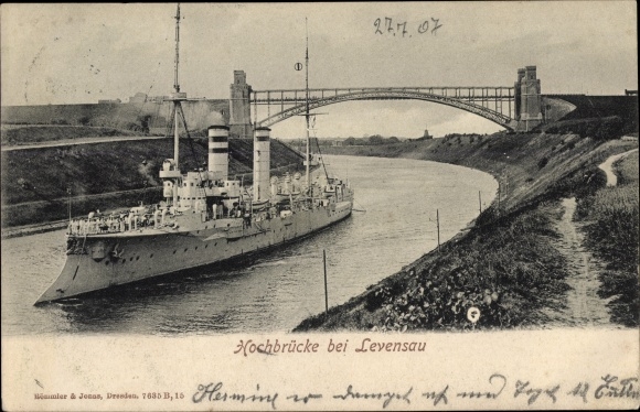 PC Levensau Neuwittenbek in Schleswig Holstein, high bridge, German warship