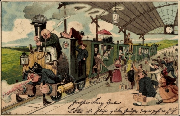 Lithograph: Happy Pentecost, railway, steam locomotive, passengers