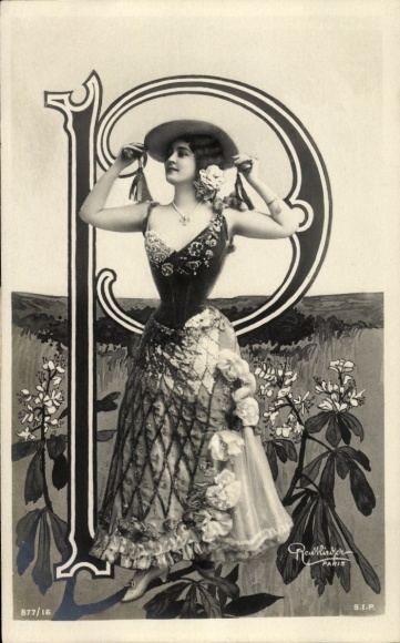 Letters Ak, letter P, woman portrait, flowers, skirt, hat