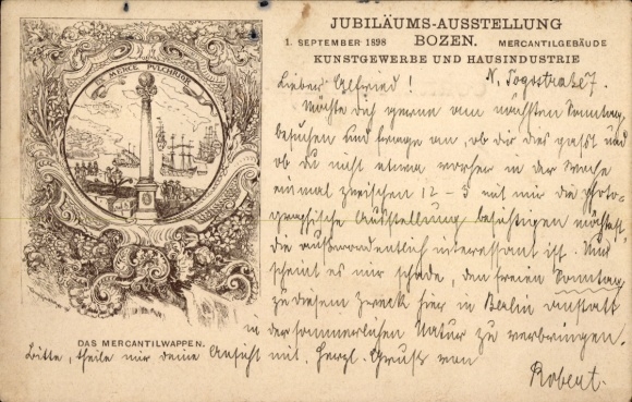 Lithograph of Bolzano, South Tyrol, Jubilee Exhibition 1898, Mercantile Coat of Arms