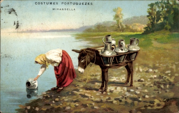 Postcard Portugal, woman fetching water at the shore, donkey
