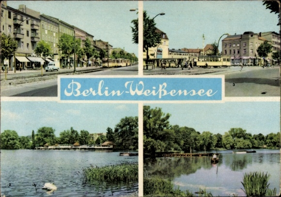Postcard Berlin Weißensee, Klement Gottwald Allee, swimming pool, Antonplatz, Weißer See