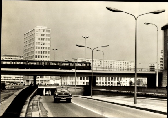 Postcard Berlin, car tunnel at Alexanderplatz, high-rise, railway