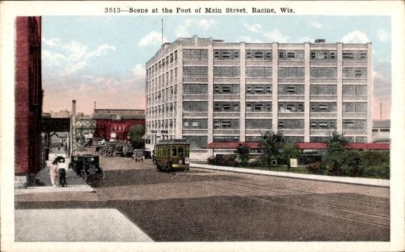 Postcard Racine Wisconsin USA, street view, tram