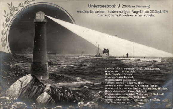 Postcard Submarine 9, destruction of three English armored cruisers, lighthouse