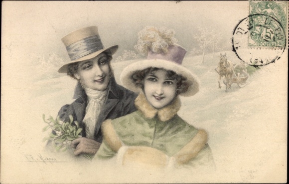 Artist Postcard Wichera, RR v., Couple with mistletoe branches, horse-drawn sleigh