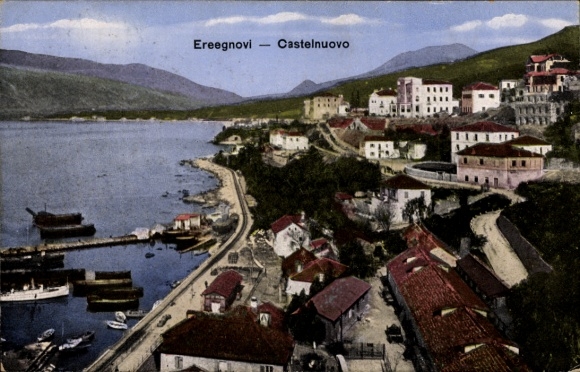 Postcard Herceg Novi Castelnuovo Montenegro, partial view, harbor