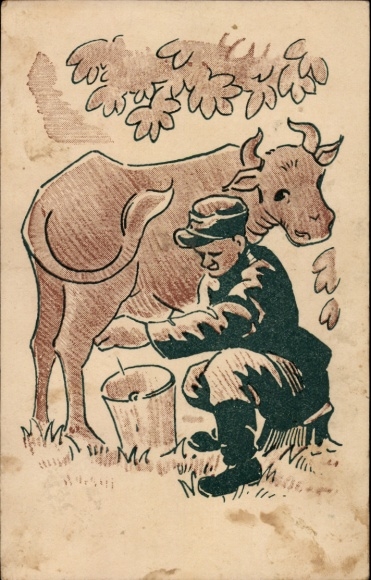 Artist Postcard Finnish soldier milking a cow