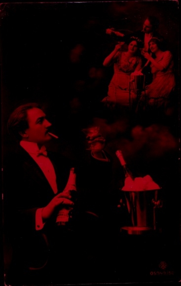 AK Man with cigarette and champagne bottle, picture with two women in smoke