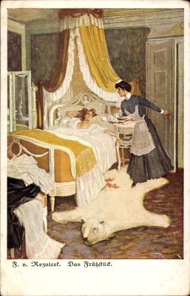 Art Nouveau artist Ferdinand von Postcard Rezinicek, The Breakfast, Woman in Bed, Maid, Breasts
