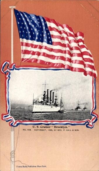 Passepartout Postcard US-American warship, USS Brooklyn, cruiser, flag