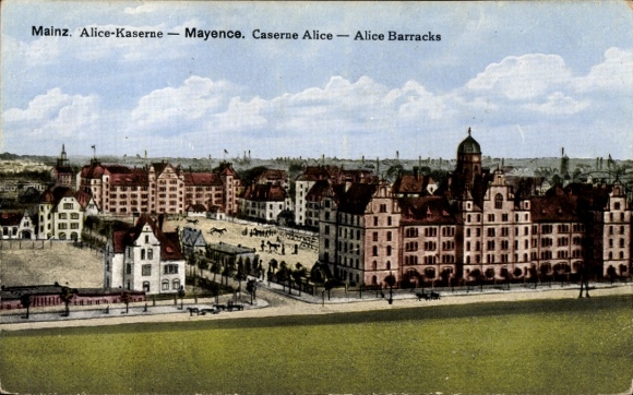 Glittering Postcard Mainz in Rhineland-Palatinate, view of the Alice Barracks
