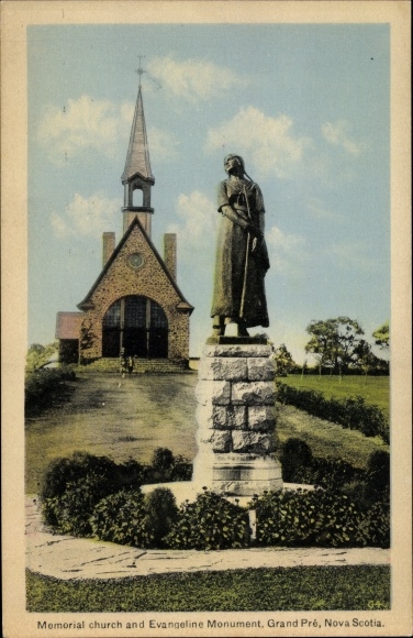 Postcard Nova Scotia Canada, Memorial Church and Evangeline Monument, Grand Pré