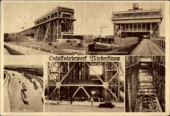 Postcard Niederfinow in Barnim, boat lift, coal barge, upper exit