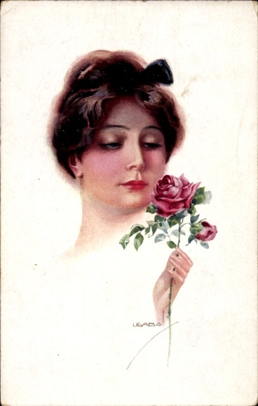 Artist Postcard Usabal, Luis, portrait of a Woman, Rose