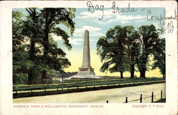 PC Dublin Ireland, Wellington Monument, Phoenix Park, Trees, Colored Illustration