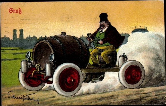 Artist Postcard Kneiß, Emil, Fat Man, Automobile made from a beer barrel