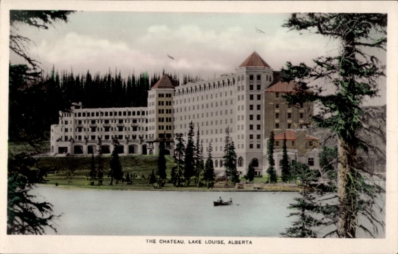 Postcard Lake Louise Alberta Canada, Chateau colored, Hotel, Lake, Trees