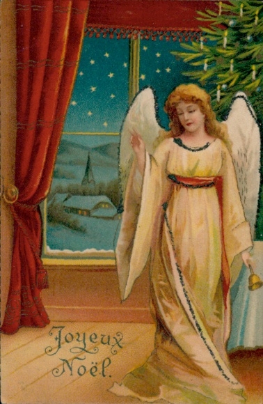 Glitter lithograph Merry Christmas, angel with bell, Christmas tree