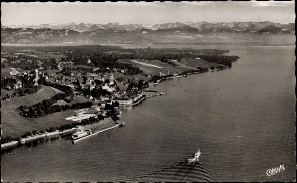 Lake Constance saloon steamer, landscape with mountains in the background, boat on the water