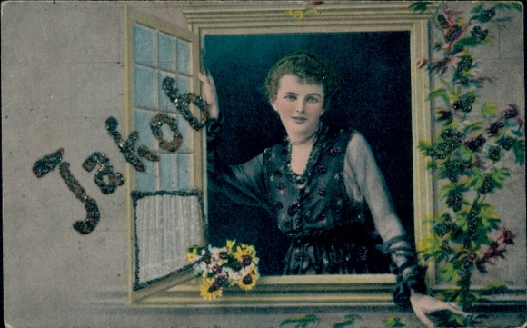 Glittering woman at the window, first name Jakob
