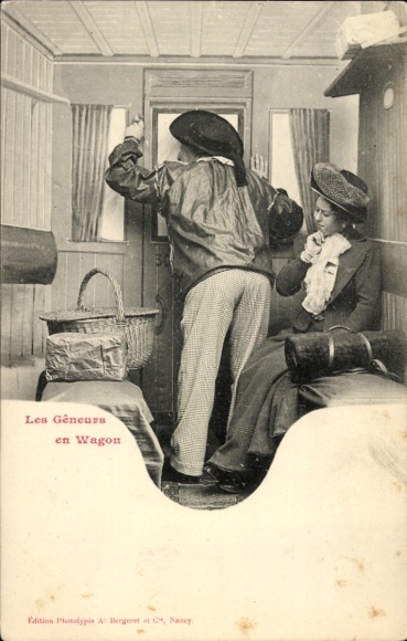 Postcard Editions Bergeret, Travelers in a train compartment, French costume