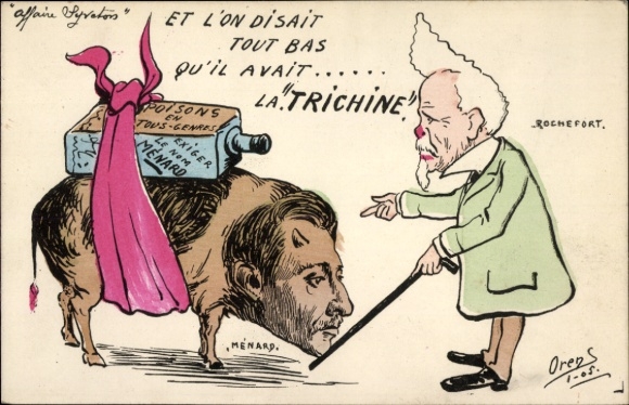 Artist Postcard Orens, Dreyfus Affair, Pig with Human Head, Menard, Rochefort, Bottle
