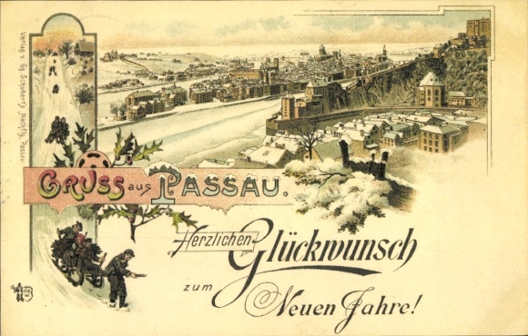 Winter lithograph of Passau in Lower Bavaria, Happy New Year, toboggan run, city panorama