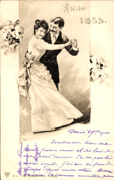 Postcard Dancing Lovers, Flowers, Dress, 1885
