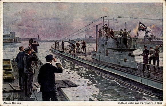 Artist Postcard Bergen, C., German submarine, submarine goes to sea for a long voyage, U53