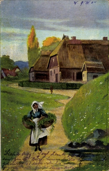 Artist Ak, village scene, peasant woman with two baskets