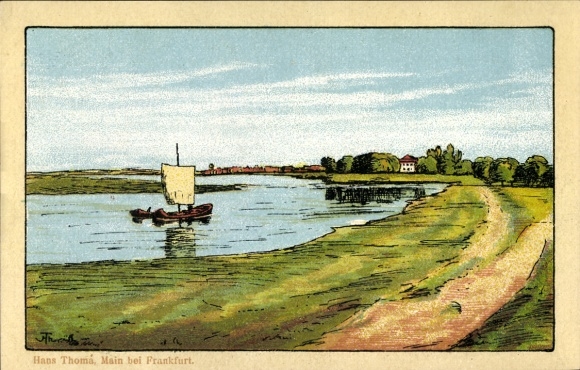 Artist Postcard Thoma, Hans, Frankfurt am Main, Fishing boat seen from the shore
