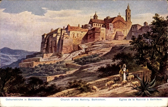 Postcard Bethlehem Palestine, Church of the Nativity in sheep, woman in traditional clothing