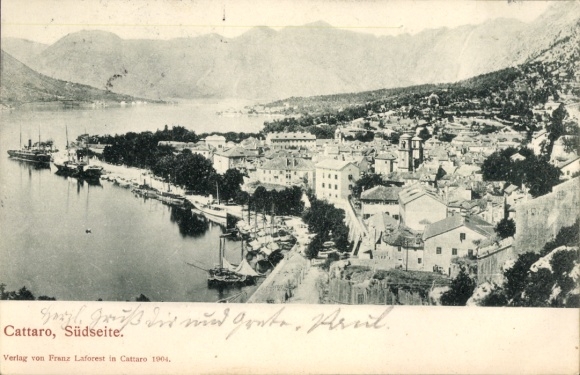 Kotor, Montenegro, south side, harbor view, ships, mountains, published by Franz Laforest