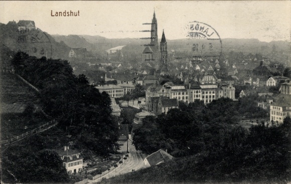 PC of Landshut in Lower Bavaria, city view, mountains in the background, buildings, postmark